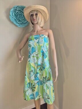 Tropical Print Linen Cotton Strapless Dress By Sweet Chemise  Summer Resort